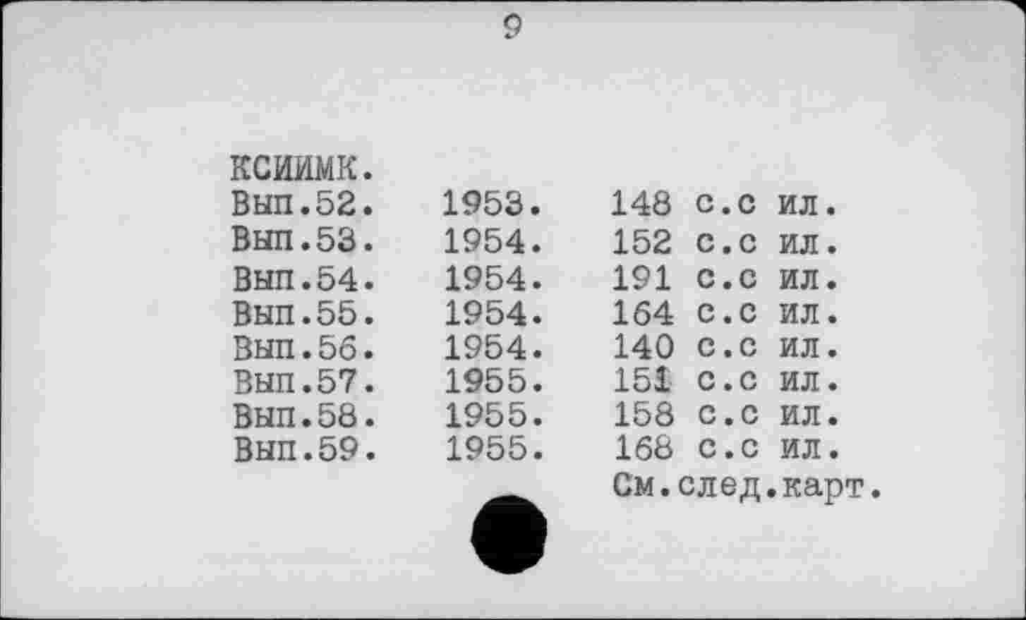 ﻿9
ксиимк. Вып.52.	1953.	148	с.с	ил.
Выл.53.	1954.	152	с.с	ил.
Вып.54.	1954.	191	с.с	ил.
Вып.55.	1954.	164	с.с	ил.
Вып.56.	1954.	140	с.с	ил.
Вып.57.	1955.	151	с.с	ил.
ВЫП.58.	1955.	158	с.с	ил.
Вып.59.	1955.	168	с.с	ил.
См.след.карт.